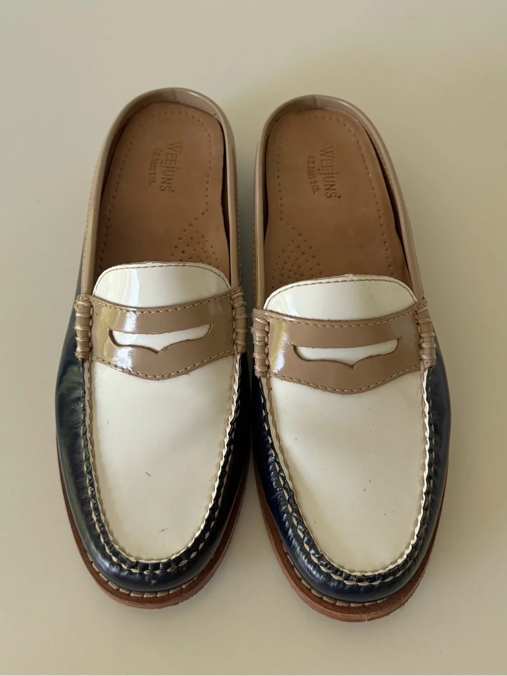 G.H. Bass & Co. Weejuns Tri-Color Diane Penny Slides, White, Tan & Navy 5.5 - Picture 10 of 10